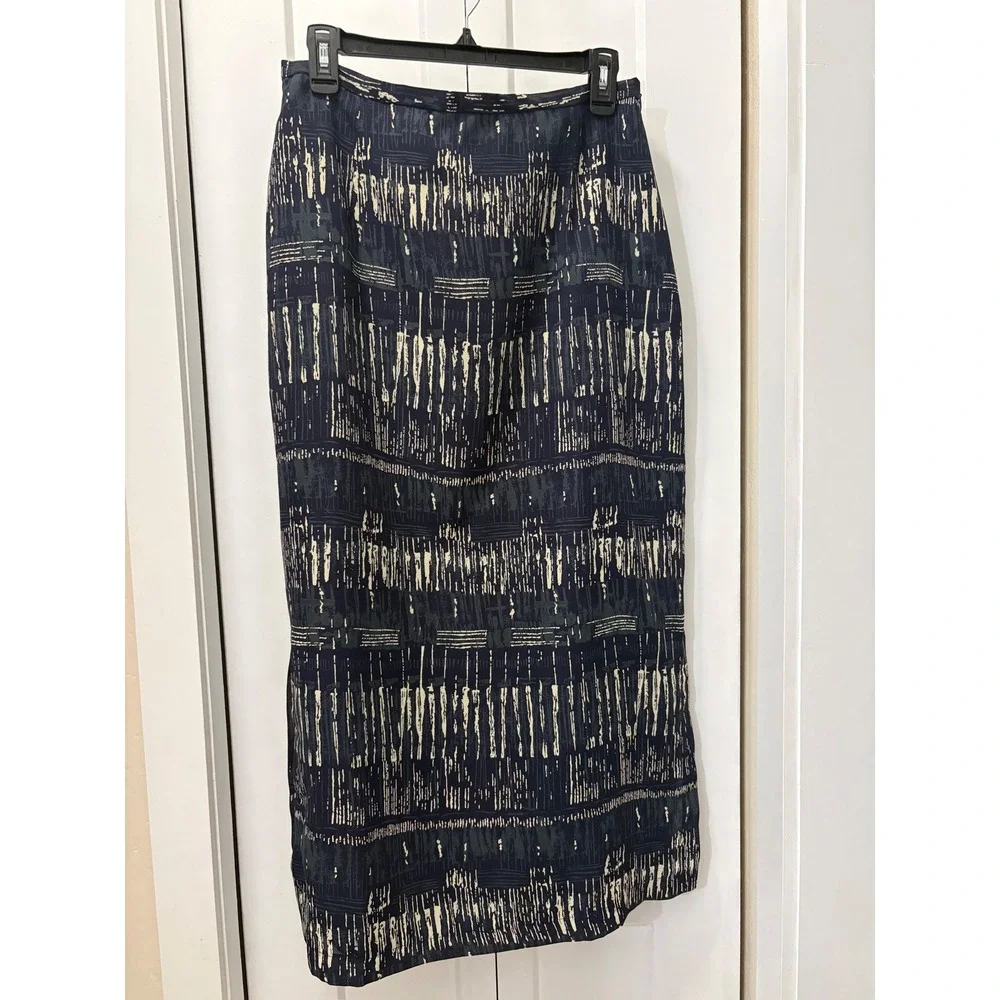Modern Classics Navy Blue Abstract Brushstroke Midi Skirt Side Slit UK 16 US 12